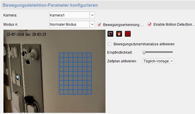 Hier sieht man das Konfigurationsfenster für die Bewegungsdetektion von Überwachungskameras.