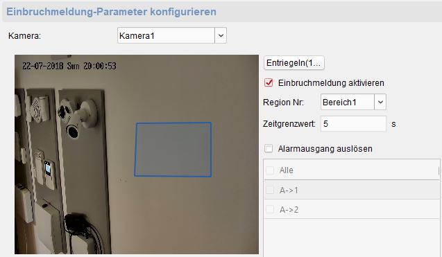 Hier sieht man das Konfigurationsfenster für die automatische Einbruchsmeldung von Videokameras.